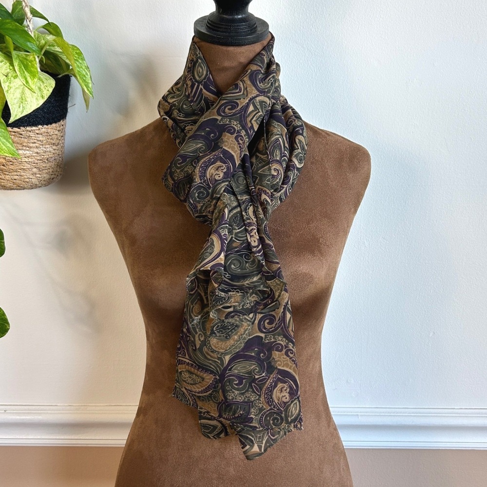 Vintage Paisley Sheer Scarf Purple Olive Green Tan Bohemian Lightweight Scarf